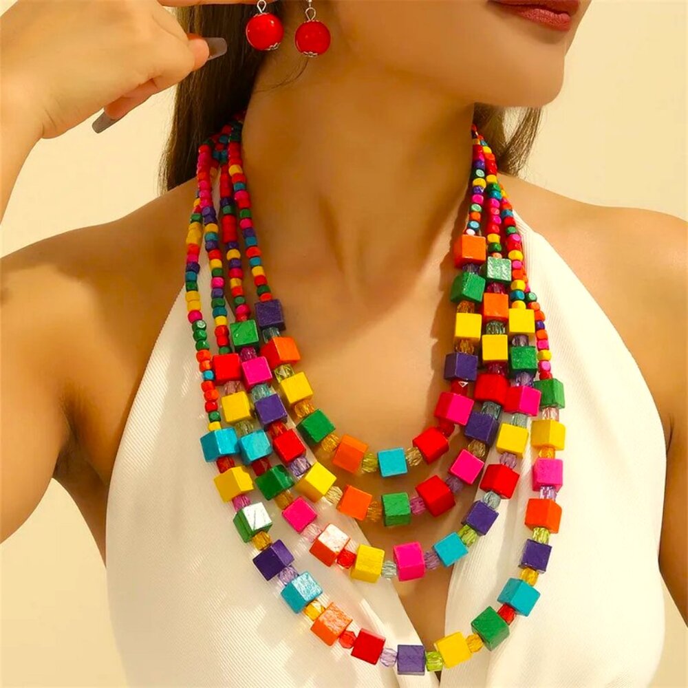 4 LAYER CHUNKY MULTICOLOR WOODEN SQUARES NECKLACE VARYING SIZES OF NECKLACES